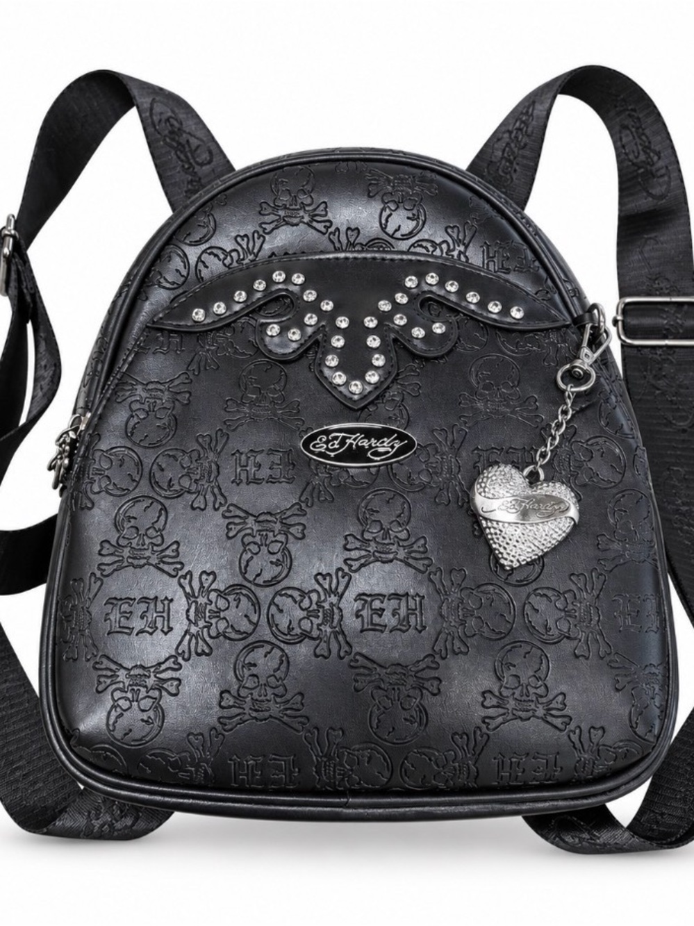 Ed Hardy “Let’s Get Goth” Black Embossed Heart Charm Small Roomy Backpack - NWT